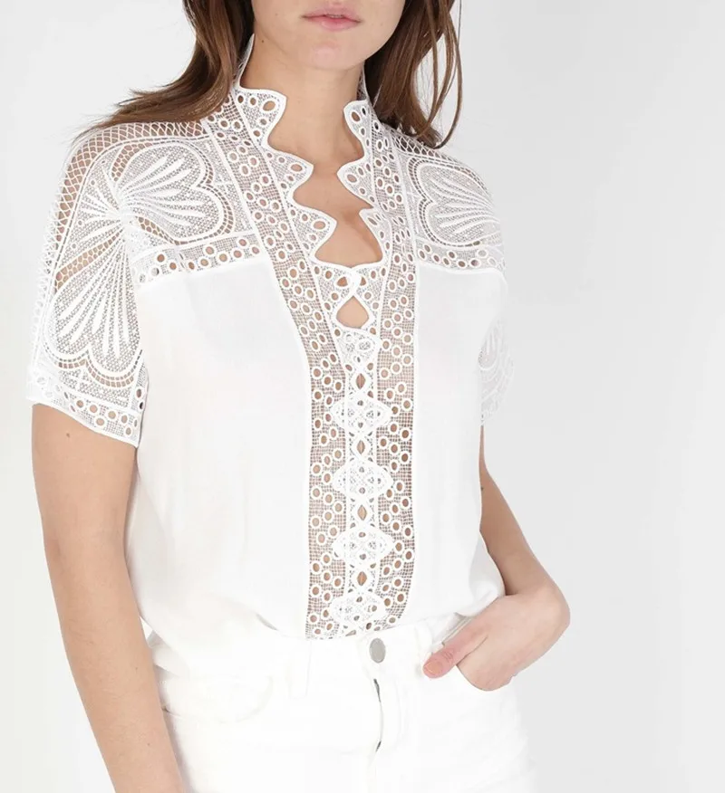 

2019 New Women White Sweet Lace Blouse Short Sleeve V Neck Top