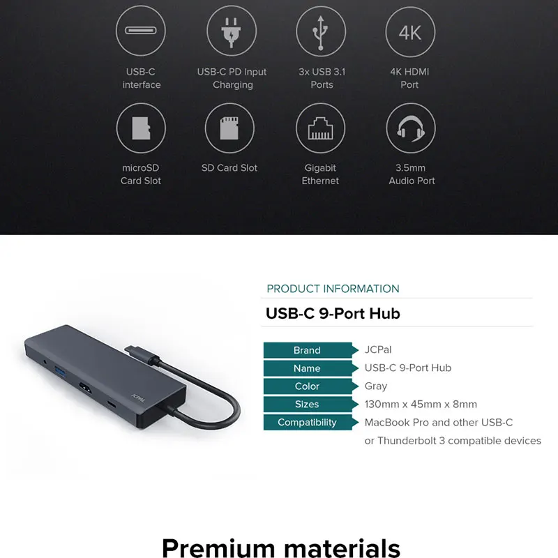 JCPAL USB-C HUB with HDMI 4K USB-C PD Charger 60W Type-C to Multi USB 3.0 USB-C HUB for MacBook