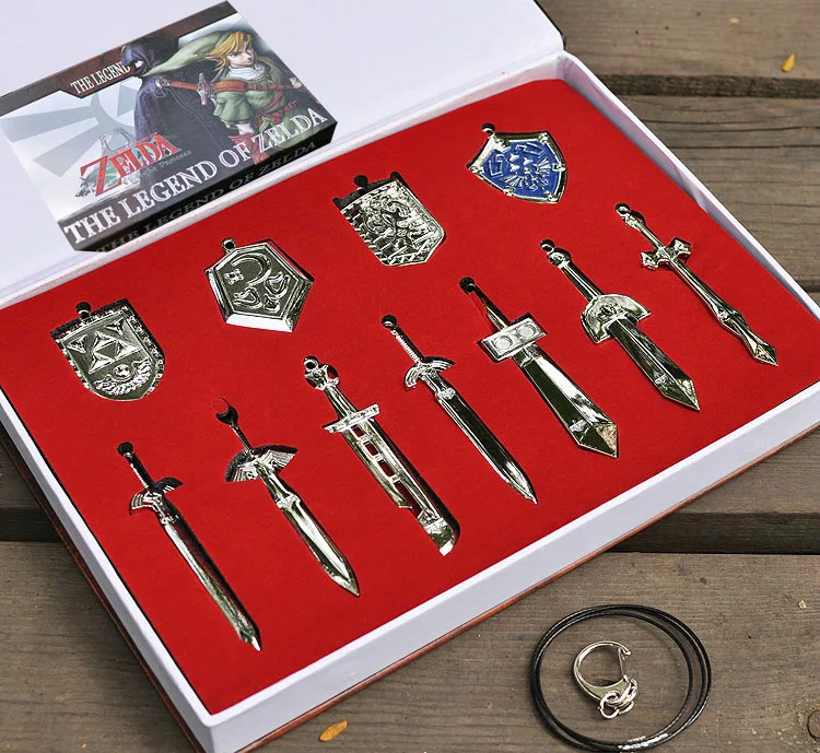 

11Pcs The Legend of Zelda Shield Skyward Sword Blade Weapons Pendants Chain keychains Necklace Set with retail box figure toy
