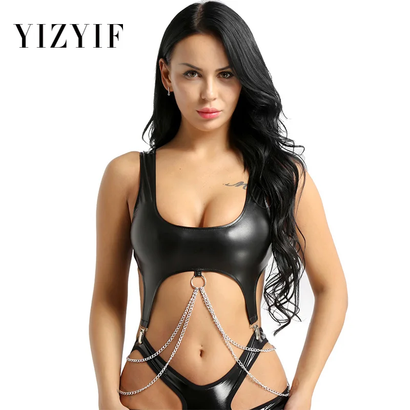 

YiZYiF Sexy Crop Tops Women PU Leather Wide Shoulder Straps with Metal Tassel Chain Clips Vest Tank Clubwear Bralette Bra Top