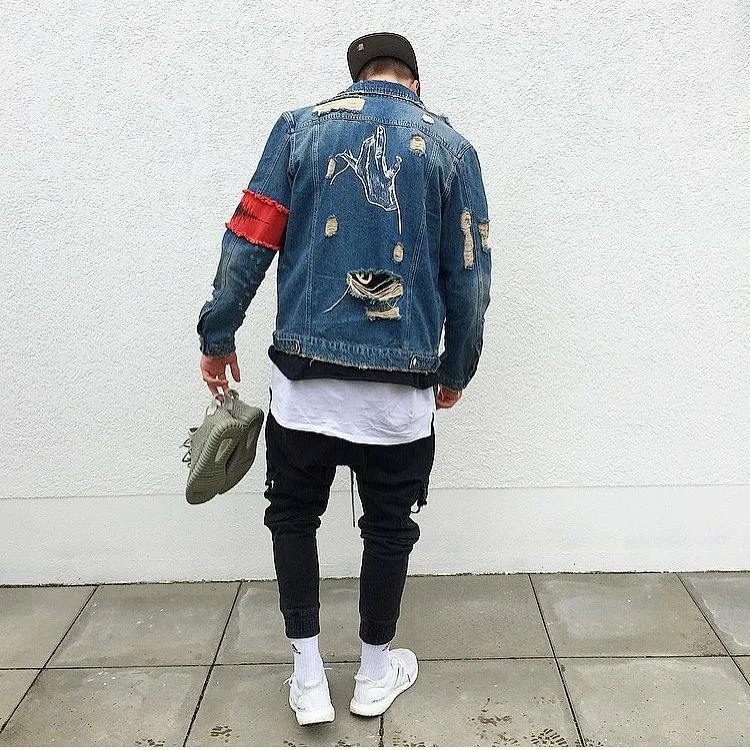 Hi-Street Men Ripped Ribbon jeans Jackets washed Distressed Denim Man Justin Bieber Slim Fit Streetwear HipHop Vintage Jacket