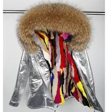 Парка из кроличьего меха, пальто из натурального меха, Серебряное пальто из искусственной кожи, пальто из натурального меха, зимняя куртка для женщин, воротник из натурального меха енота, теплые парки