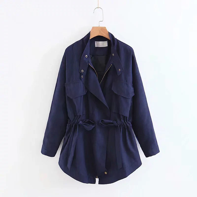 Осенняя ветровка женская одежда пальто с завязками Harajuku короткая куртка в Корейском стиле женская тонкая куртка верхняя одежда - Цвет: Тёмно-синий