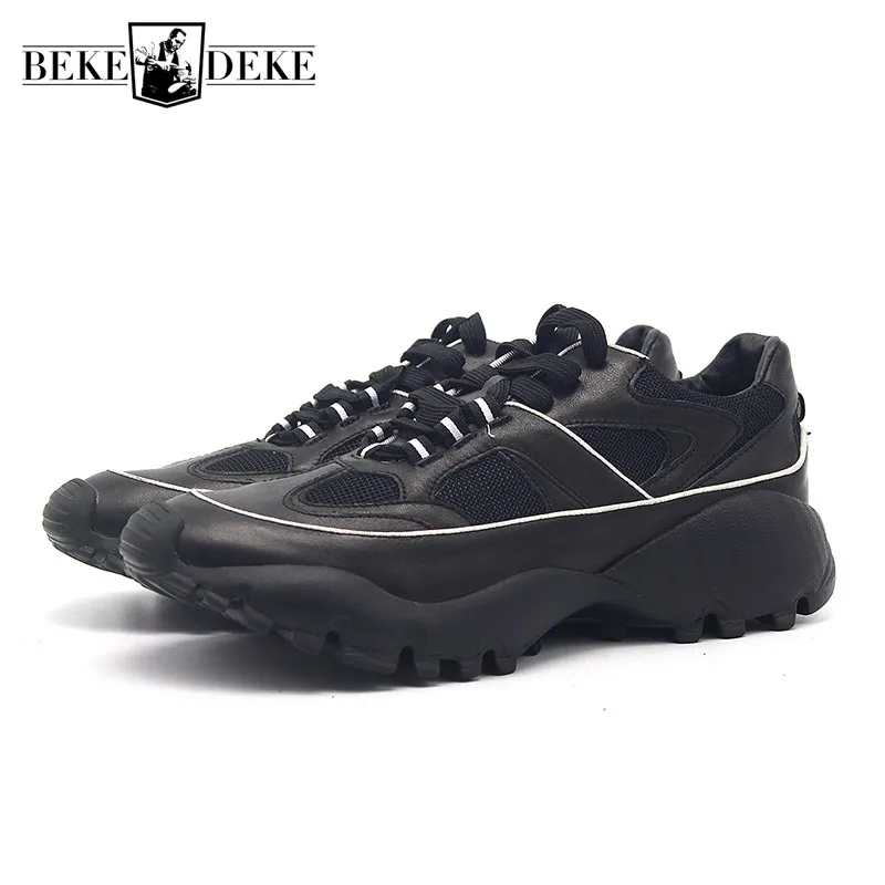 

2019 Luxury Men Black Sneakers Trainers Handmade Cow Leather Casual Shoes Street Fashion Lace Up Hip Hop Shoes Height Increasing