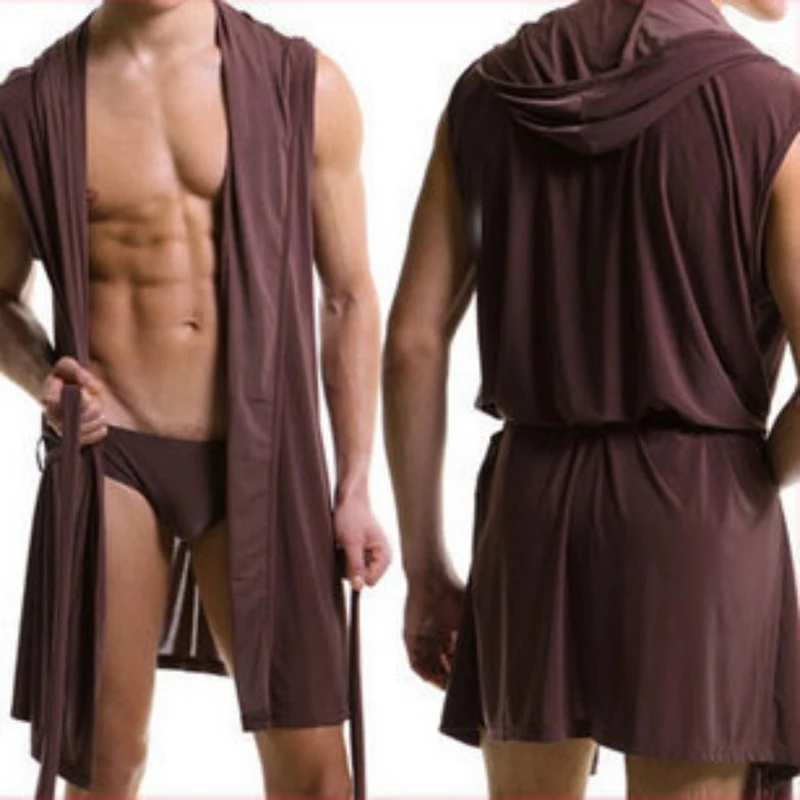 

Casual Comfortable Bathrobes Sexy Sleeveless Hooded Robe Homewear Mens Sexy Solid Sleepwear Men Clothes 2019 New Men Robes