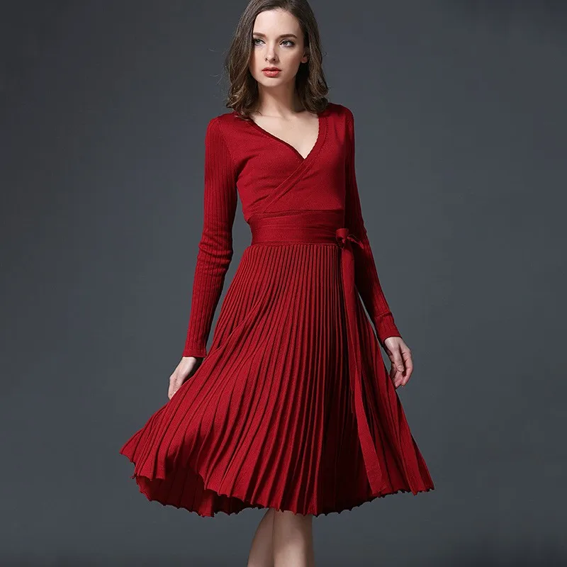Fashion Knitting Sweaters Dresses A line Deep V Neck Belted Pleated