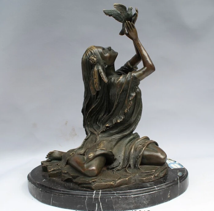 

13"Western Art sculpture Bronze Marble Belle Women girl d Pigeon Statue