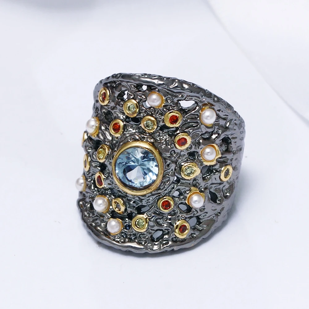 DreamCarnival 1989 Gorgeous Big Women Ring Blue Zircon Baroque Colorful Zircon N Pearl Beads Christmas Party Jewlery Hot WA11584