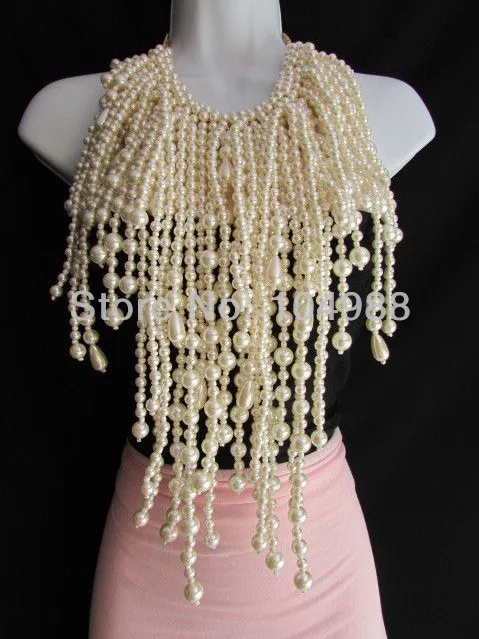 FREE SHIPPING 2016 STYLE B99 WOMEN FASHION OVER SIZED WIDE MULTI STRAND CREAM IMI PEARLS BEADS LONG NECKLACE