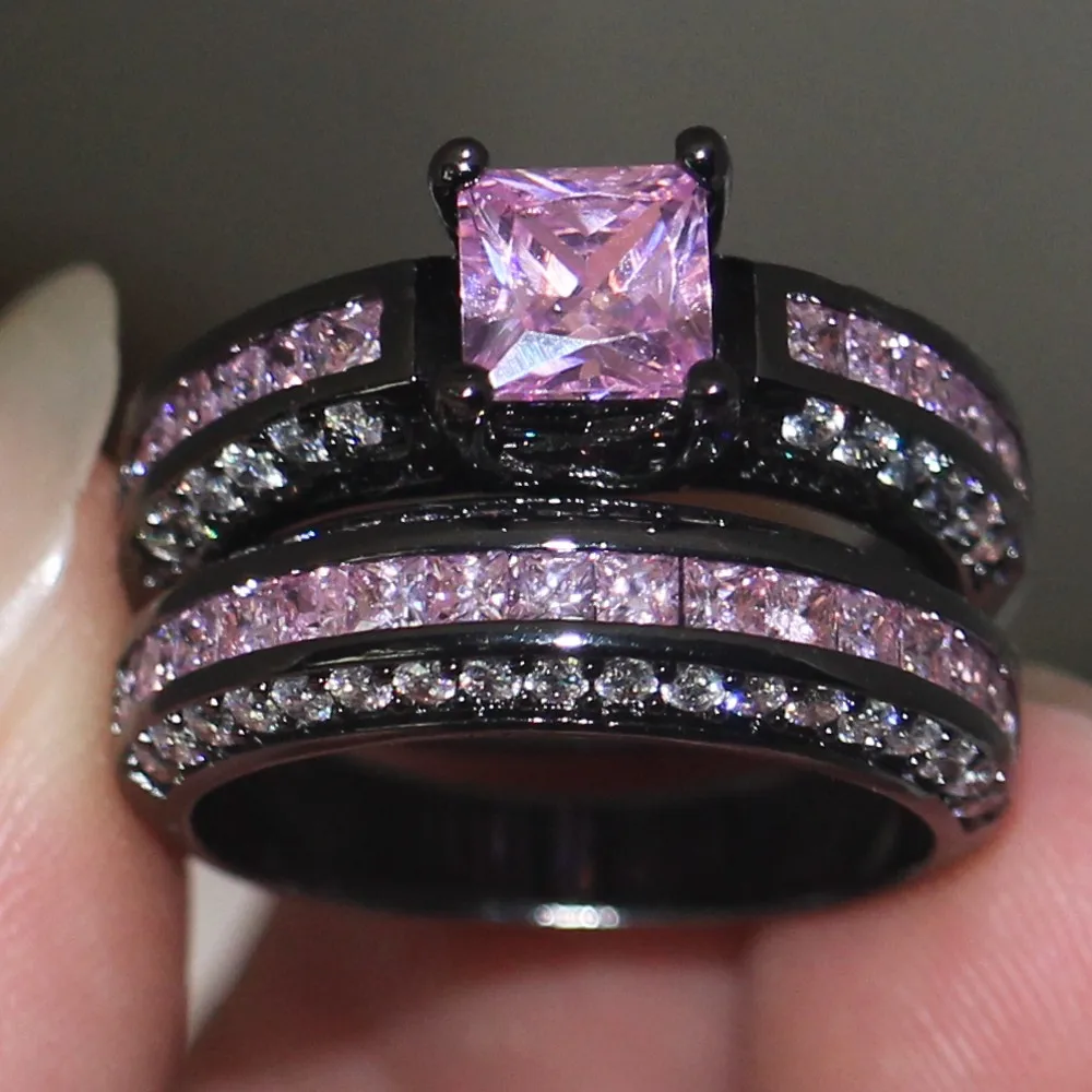 Victoria Wieck Handmade wedding band rings Set for women 5A Pink Zircon stone Cz 10KT Black Gold Filled Female Anniversary Ring | Украшения