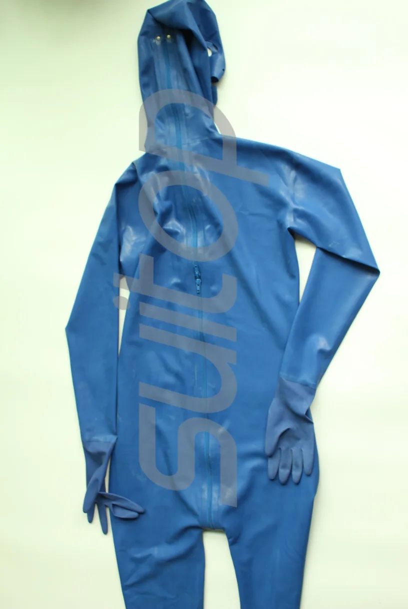 Full cover body latex catsuit  rubber zentai with back zip to lower abdomens 3 zippers gloves, socks and hoods attahced in blue