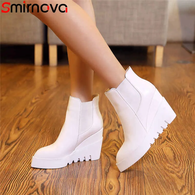 

Smirnova 2019 hot sale ankle boots women pointed toe platform wedges shoes high heels genuine leather boots autumn winter boots