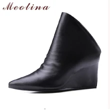 Women Boots Ankle Boots Women Natural Real Leather Luxury Pointed Toe Wedge High Heels Boots Strange Style Black Shoes