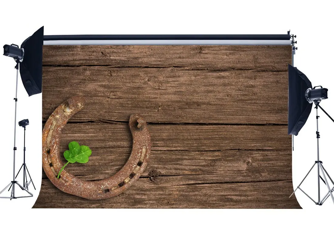 

Happy St.Patrick's Day Backdrop Lucky Irish Shamrock Green Clover Horseshoe on Rustic Grunge Background