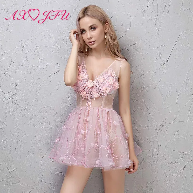 

AXJFU Sexy v neck sleeveless illusion stage pink lace Evening Dress vintage princess beading flower short evening dress