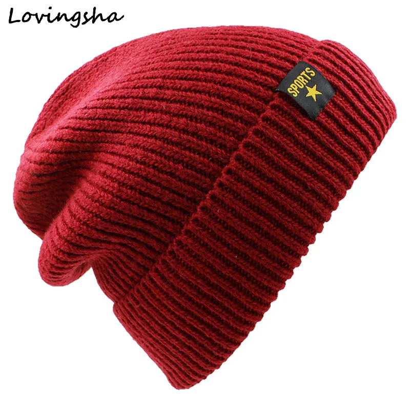 LOVINGSHA Faux Fur Knitted Hat Men Beanies Knit Skullies Bonnet Hats For Men Women Beanie Men's Warm Baggy Winter Hat Caps HT044 - Цвет: Wine Red