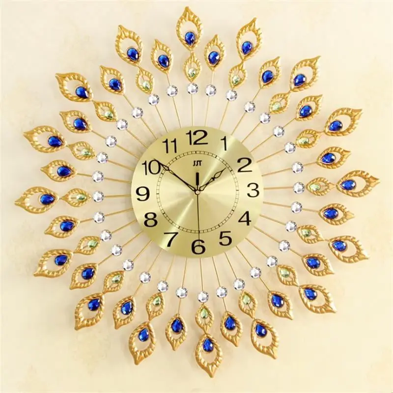 

Golden Iron Wall Clock For Living Room Peacock Feather Shape Wall Watch Modern Design Mute Bedroom Clock Wall Large Home Decor