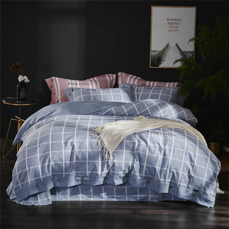 

Luxury Free Cotton Bedding Set Cell Duvet Cover Flat Bed Sheet Pillow Case Button Gray Blue Green Queen Living Room Bedspread