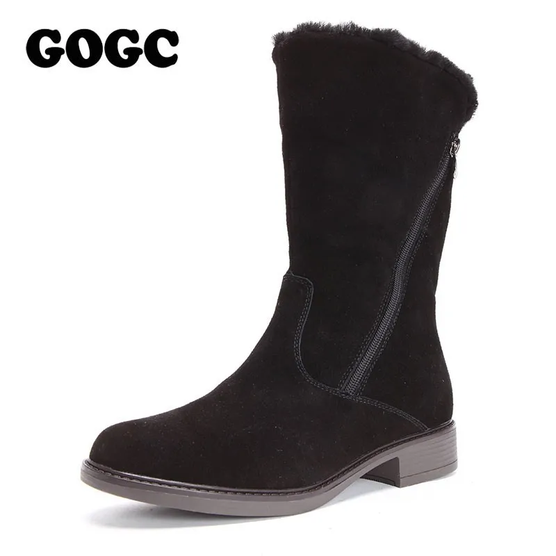 GOGC Genuine Leather Women Winter High Boots Warm Heel Woman Winter Shoes New Mid-Calf Boots Women's Boots for Winter G9818 - Цвет: G9818-1