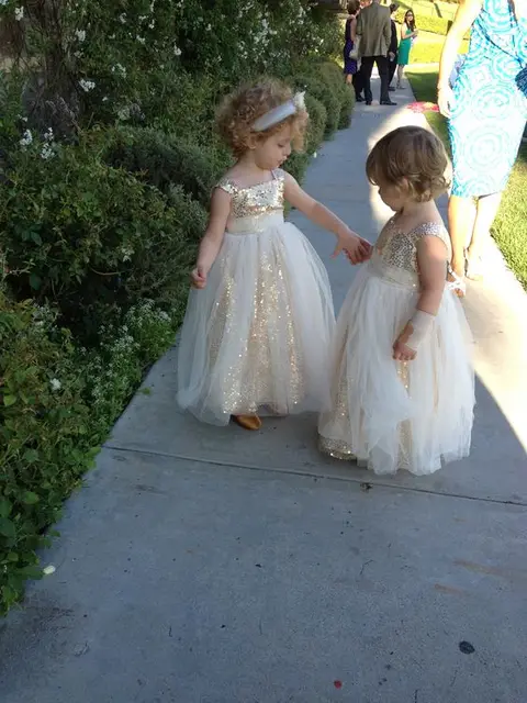 Cheap sweetest little flower girl dresses square neckline full of glitter golden bling bling sequins long  flower girl dress