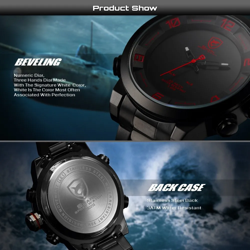Shark Sport Watch Large Dial Black Outdoor Men LED Digital Wristwatches
