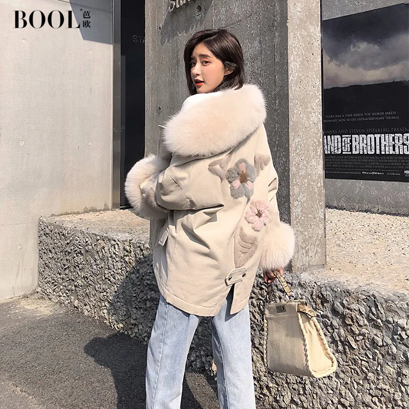

Haining Fox Great Hair Mink Printed Fashion Parker Overcoat 2008 Autumn and Winter New Korean Version Lady