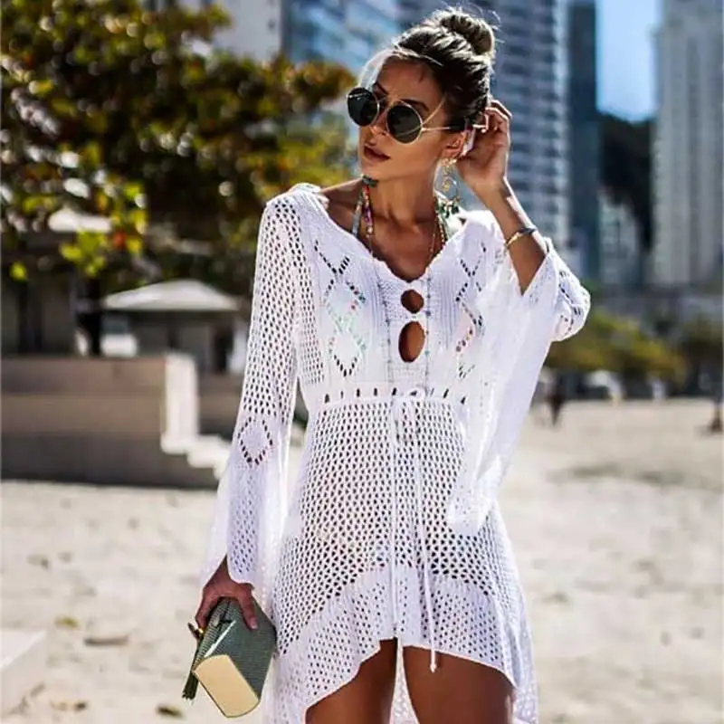 Günstige MOSHENGQI Bikini Cover Up Badeanzug Sexy Pullover Badeanzug Gestrickte Bademode Mujer Sommer Strand Kleid Tragen Häkeln Sehen durch