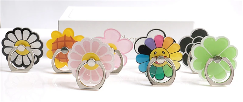 360 degree crystal ring buckle mobile phone holder cartoon small fresh flower adhesive tape metal ring For iphone iPod