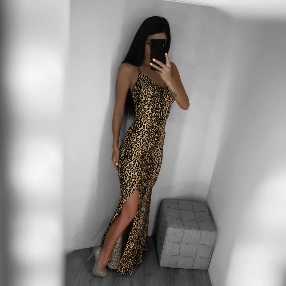 

Summer Leopard Sleeveless V Neck Maxi Dress Side Slit Leopard Party Dress Floor Length Dress