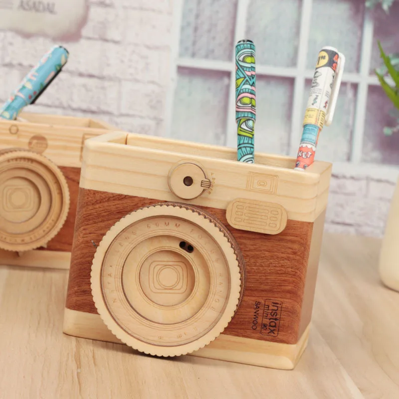 

Creative Retro Pen Bucket Camera Shape Office Wooden Multi-function Pencil Storage Box Desktop Decoration Home Storage Box Gift