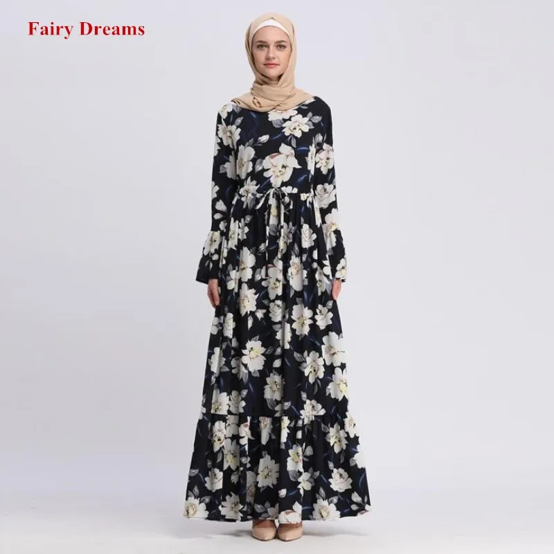 Абая для женщин Исламская одежда с длинным рукавом цветочный принт Макси мусульманское платье Бангладеш Кафтан Дубай, Турция платья Хиджаб Халат