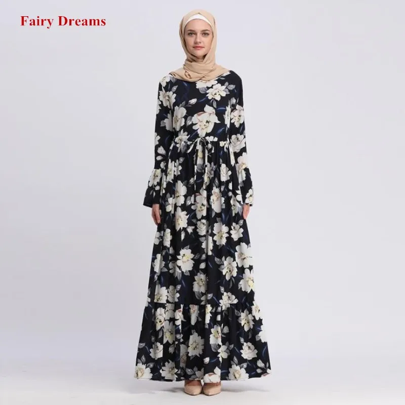 

Abayas For Women Islamic Clothing Long Sleeve Flower Print Maxi Muslim Dress Bangladesh Kaftan Dubai Turkey Hijab Dresses Robe