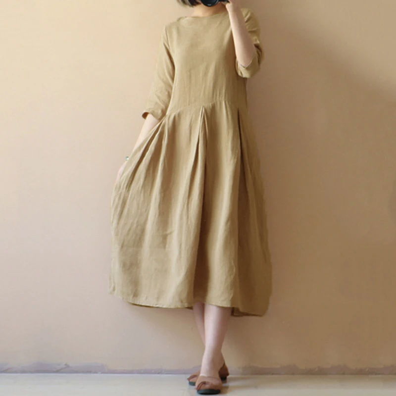 Женское винтажное платье из хлопка и льна, женское повседневное однотонное Макси-Платье, мешковатая плиссированная рубашка, длинное платье, кафтан размера плюс - Цвет: Хаки