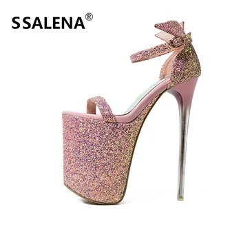 

Women Bling Glitter Supper High Heel Pumps Ladies Sexy Ankle Strap Platform Stilettos Clubwear Wedding Sexy Shoes AA52284