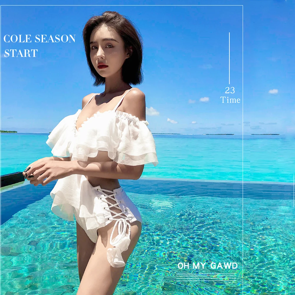 

Korean solid Swimsuit Sexy Off The Shoulder Ruffle One Piece Swimsuit Swimwear Women Retro Bikini Bathing Suits Beach Wear Swim