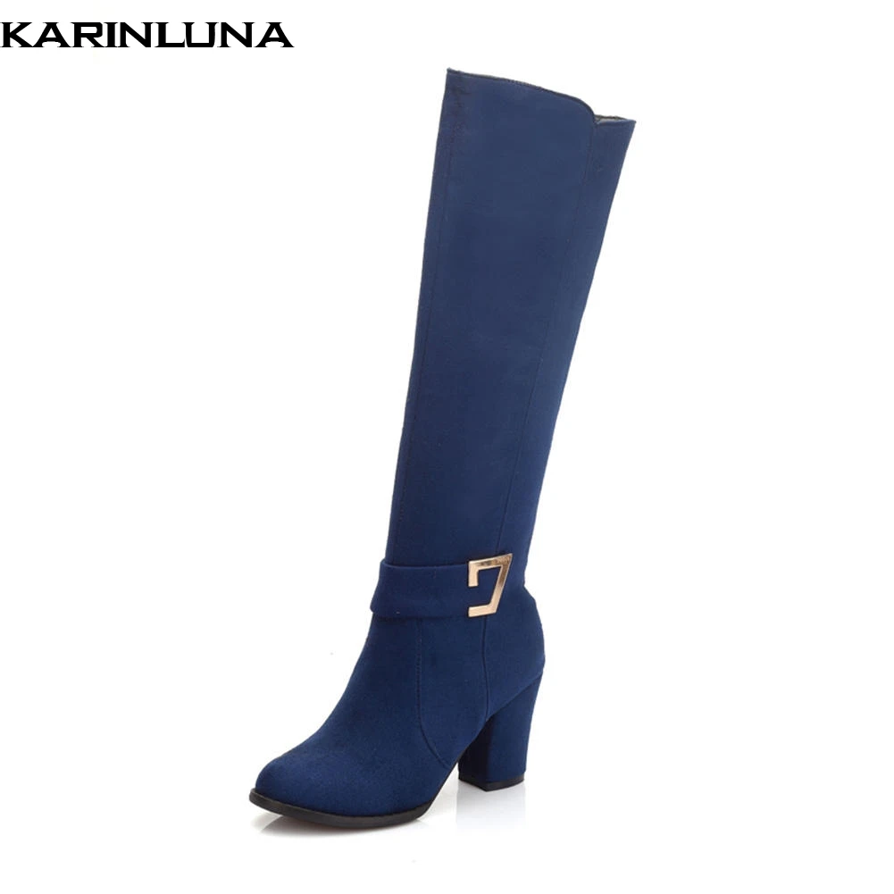 

Karinluna brand new fropship plus Size 47 buckle decoration zip up knee high boots woman shoes square heels shoes woman boots