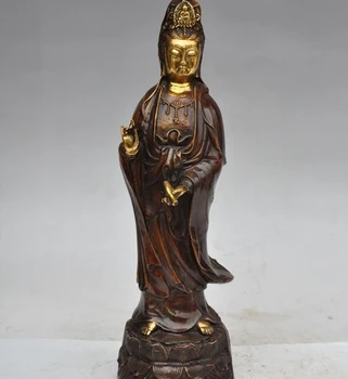 

13" tibet buddhism bronze gilt stand lotus Kwan-Yin Guan Yin buddha vase statue