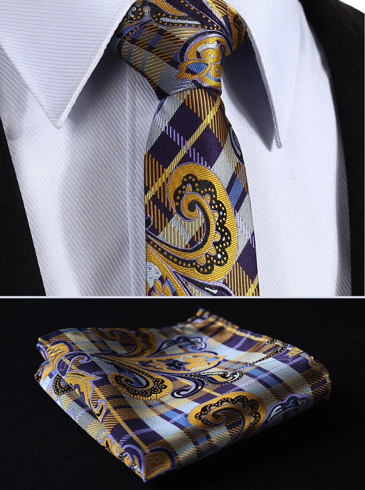 Проверьте цветочный Пейсли полоса 2,7" Шелковый Свадебный жаккардовый тканый Для мужчин галстук карман квадратный носовой платок, комплект# H4