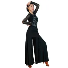 Костюмы для латинских танцев, блузка и брюки, большие расклешенные брюки, сетчатый рукав, вырез на шее, топ, блузка, костюм для латинских танцев
