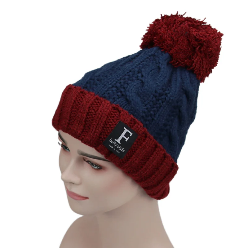 Winter Keep Warm Knitted Hat Women Outdoor Warm Double Color Cap Female Creative Pompom Decoration Cap Beanies - Цвет: Navy