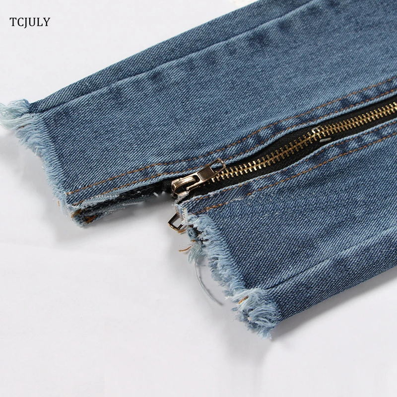 TCJULY Fashion Jeans With Zipper Back Bottom Irregular Design Slim Streetwear Blue Jeans Cotton Stretch Jeans Cowboy Pants Woman