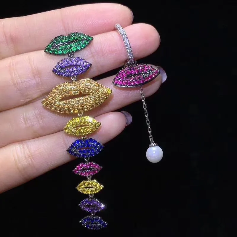

Asymmetric LIPS MIX-COLOR Cubic Zirconia Fashion Wedding Party Earrings for women jewelry