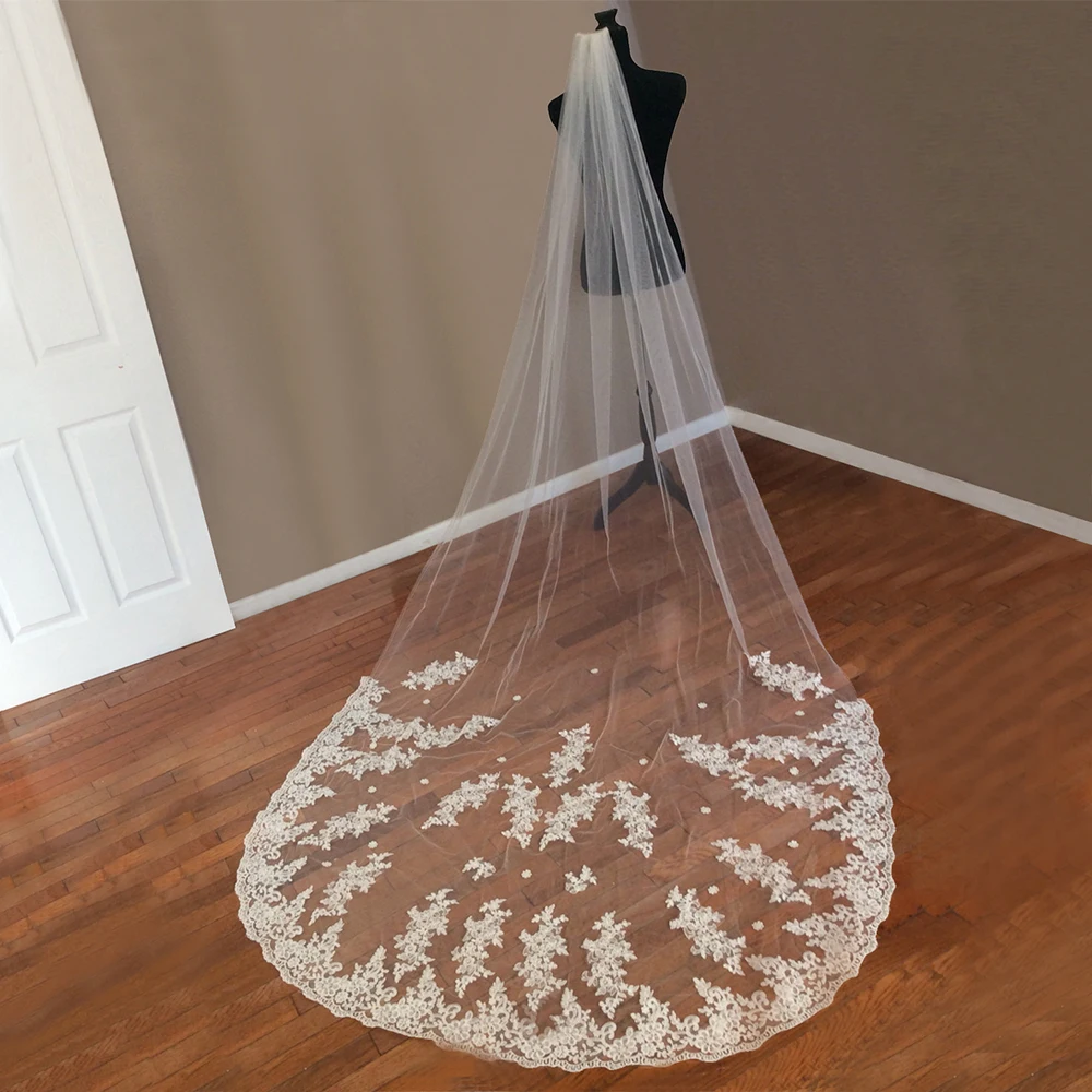 2019 New White Ivory Cathedral Wedding Veils voile mariage 3 Meter Long Applique Edge Bridal Veil with Comb Wedding Accessories 2019 New White Ivory Cathedral Wedding Veils voile mariage 3 Meter Long Applique Edge Bridal Veil with Comb Wedding Accessories