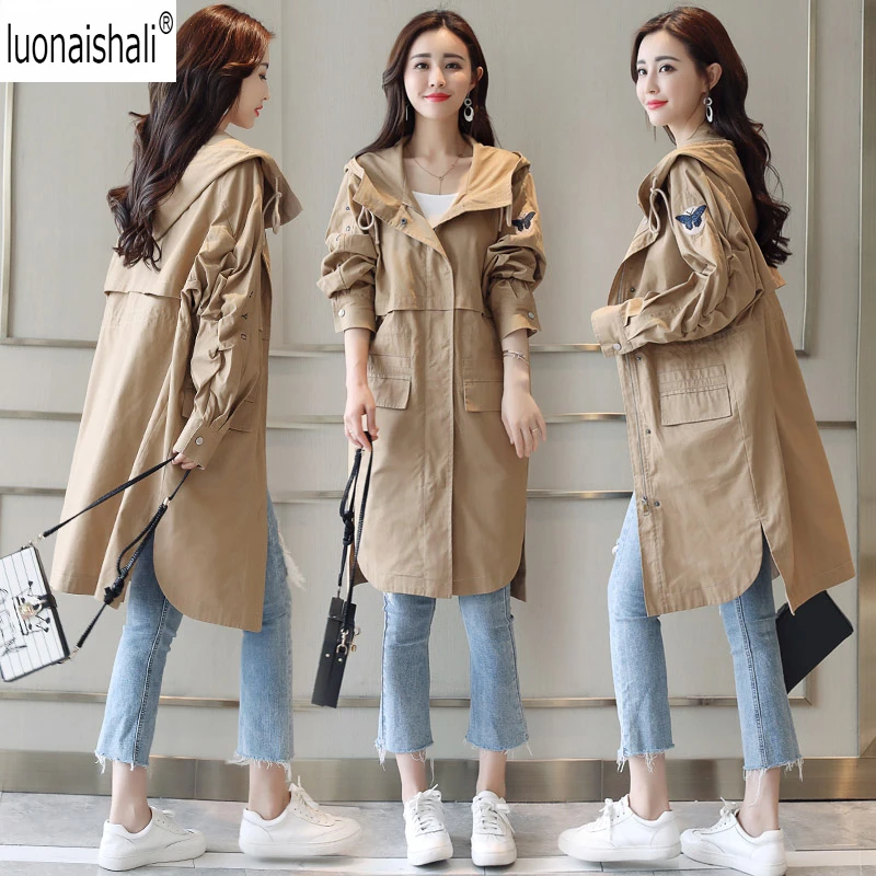 Solide Voyage Manteau vent Khaki Coupe 2018 Imperméable Broderie À Droite Wome Long caramel Streetwear Automne Capuche Veste ExIBTwqA0