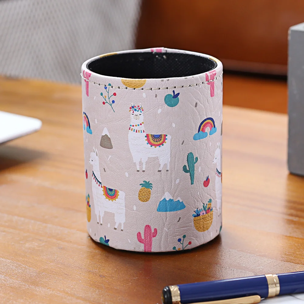 

LINKWELL Summer Decor Llama Cactus Pattern PU leather Pencil Cup Pen Holder Desk Organizer Storage Box Case