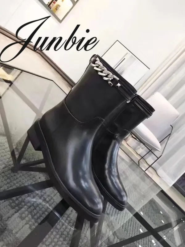 

JUNBIE New Black Genuine Leather Zip Side Low Heel Winter Autumn Boots Round Toe Metal Chain Punk Boots Shoes Women Ankle Boots