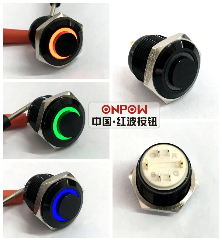 

ONPOW 16mm RGB Momentary ring lighted High round Black aluminium alloy Push button switch (GQ16H-10E/J/RGB/6V/A) CE,ROHS