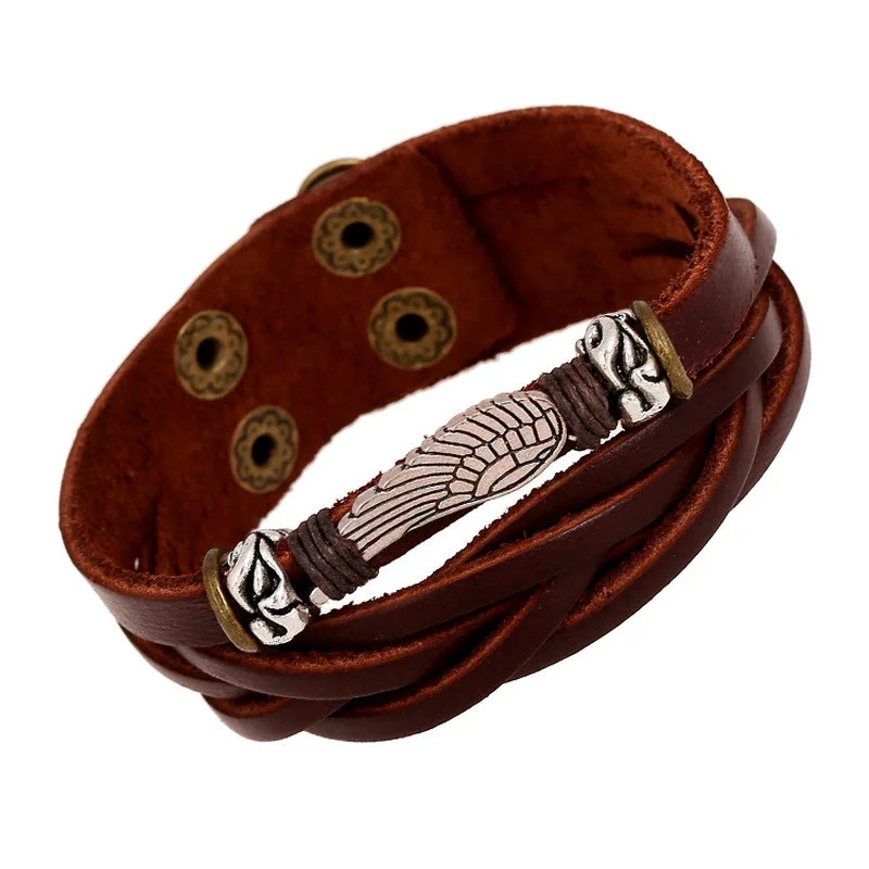

European and American Creative Simple Alloy Wings Woven Leather Bracelet Men Women Personality Fashion Accessories Jewelry