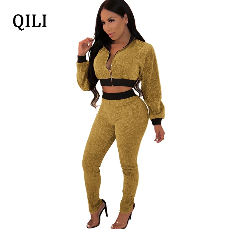 QILI Flash Bright Silk Women Jumpsuits Long Sleeve Zipper Patchwork 2 Piece Set Fashion Jumpsuit Autumn Winter Womens Jumpsuits