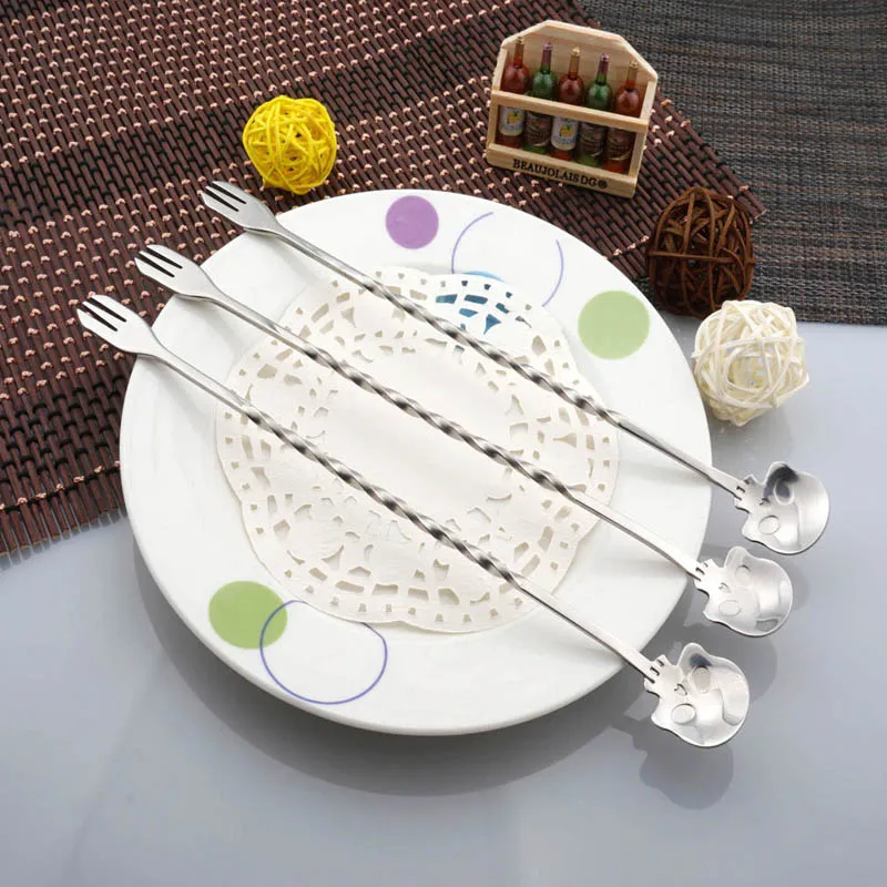 Stainless Steel Multifunction Tableware Skull Shape Long Handle Spoon+Dessert Cake Forks Double